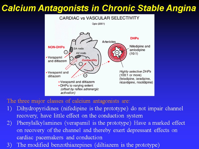 Calcium Antagonists in Chronic Stable Angina The three major classes of calcium antagonists are: